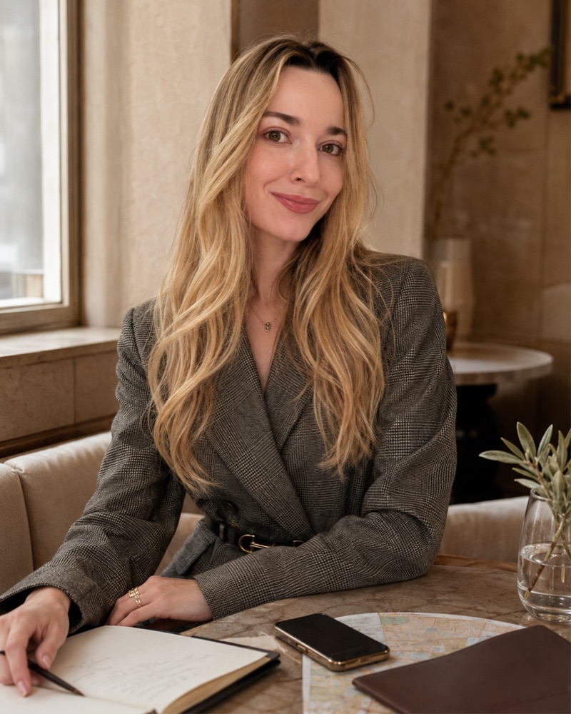 Liza Sedova, curadora de The Chic Map, en un café de Seúl con su cuaderno y un mapa de la ciudad.